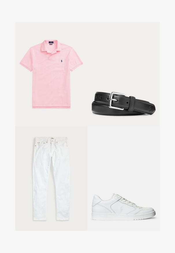 Svetloružové polo s krátkym rukávom, golierom a malým tmavomodrým vyšívaným logom na ľavej strane hrudníka.; Biele slim fit džínsy s piatimi vreckami, zapínaním na gombíky a opaskovými pútkami, položené na rovnej svetlej jednofarebnej podložke.; Biele kožené tenisky s hladkým povrchom, obsahujúce perforovanú špičku, šnúrkové uzatvorenie a vyšívané logo na boku. Biela gumová podrážka.; Čierny kožený opasok so striebornou obdĺžnikovou prackou, zrolovaný na bielom pozadí, s jemným vyrazeným logom na špičke.