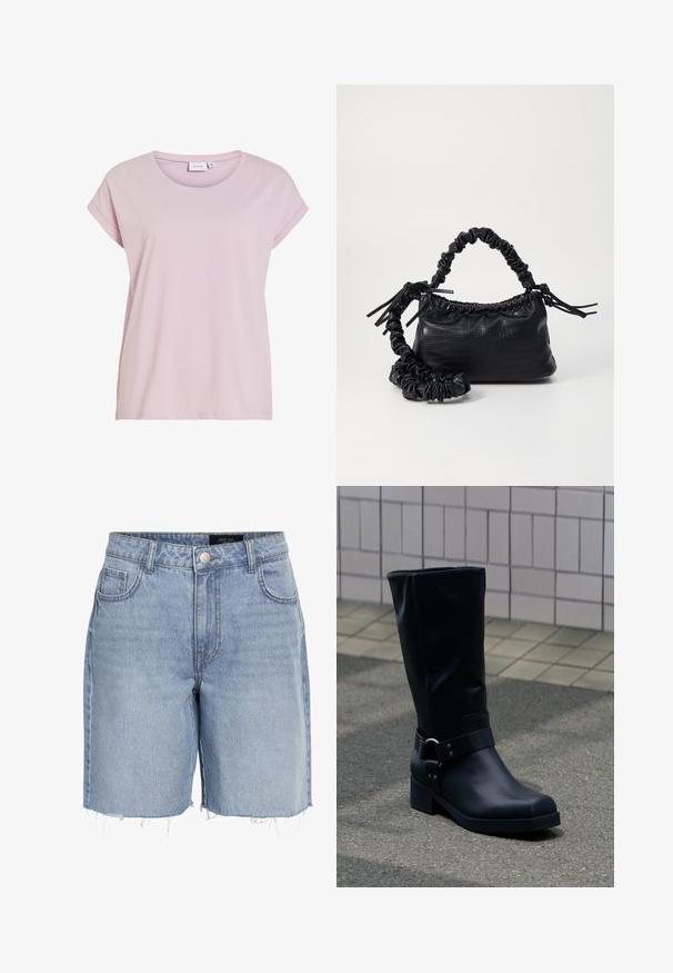 Camiseta rosa hecha de tela suave, con cuello redondo y mangas cortas enrolladas. Corte recto con un ajuste ligeramente holgado.; Pantalones cortos de mezclilla azul claro con cintura alta, cinco bolsillos, dobladillo deshilachado y un cierre clásico de botón. Hechos de una suave tela texturizada.; Bota negra de cuero hasta la mitad de la pantorrilla con un tacón bajo de bloque y una correa decorativa con hebilla metálica alrededor del tobillo, sobre un pavimento de baldosas.; Bolso de mano de imitación cuero negro con textura de cocodrilo, parte superior fruncida y correa arrugada. Presenta un diseño suave y compacto.