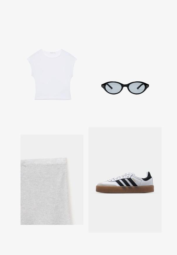 T-shirt court blanc à manches courtes avec col rond, en tissu lisse, posé à plat sur un fond blanc.; Gros plan d'un tissu tricoté blanc montrant des points fins et réguliers ainsi qu'un bord ourlé sur un fond clair uni.; Baskets en cuir blanc avec des rayures noires, semelle extérieure en caoutchouc beige, bout rond, fermeture lacée et embout en suède gris doux.; Lunettes de soleil ovales noires avec montures fines et petits points dorés près des charnières, avec verres légèrement teintés.