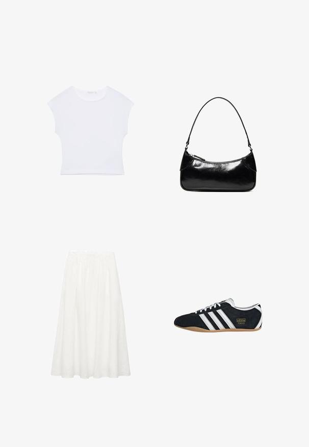 Witte cropped T-shirt met korte mouwen en een ronde hals, gemaakt van gladde stof, plat neergelegd op een witte achtergrond.; Witte, middellange A-lijn rok van lichtgewicht katoen. Heeft een elastische tailleband en een vloeiende vorm zonder zichtbare patronen of accenten.; Zwarte suède sneaker met witte drie strepen, gouden logo en een bruine rubberen zool. Heeft een laag profiel vetersluiting ontwerp.; Zwarte glanzende leren schoudertas met één ritssluitingvak en een dunne band die in een boogvorm is gebogen.