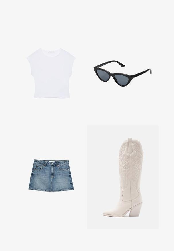 T-shirt court blanc à manches courtes avec col rond, en tissu lisse, posé à plat sur un fond blanc.; Jupe en denim bleu clair, dotée de cinq poches, fermeture à boutons et ourlet légèrement évasé, avec une texture usée et des détails décolorés.; Bottine de cowboy en cuir blanc avec un bout pointu et un talon bloc. Présente des motifs de broderie complexes sur la tige et une texture lisse.; Lunettes de soleil noires en forme d'œil de chat avec des verres gris foncé, monture en plastique élégante, coins pointus et branches droites. Pas de métal visible ni d'accents.