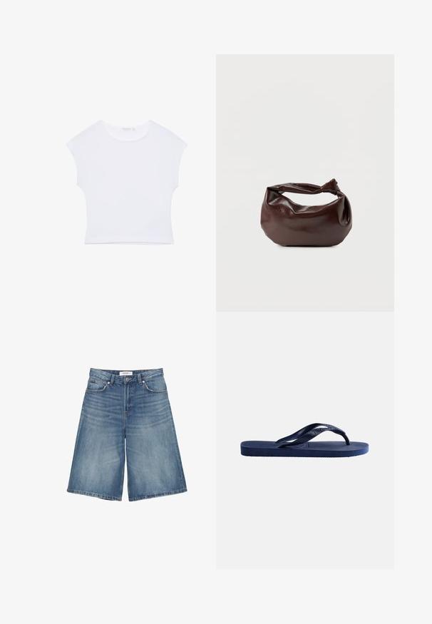 Hvid kortærmet cropped T-shirt med rund halsudskæring, lavet af glat stof, lagt fladt på en hvid baggrund.; Blå denim knælange shorts med forlommer, bæltestropper og falmet whisker-detaljering på en hvid baggrund.; Mørkeblå gummiflipflop med tekstureret sål og en Y-formet strop på en ensfarvet lys baggrund.; Mørkebrun læder skuldertaske med en blød, afslappet form og et snoet knudehåndtag på en ensartet hvid baggrund.