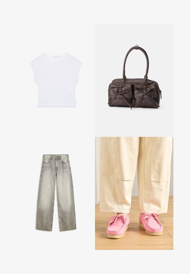 Hvid kortærmet cropped T-shirt med rund halsudskæring, lavet af glat stof, lagt fladt på en hvid baggrund.; Bredde bukser i en falmet grå vask, med et klassisk fem-lomme-design, bæltestropper og en lige pasform fra hofte til kant.; Lyserøde ruskinds mokkasiner med snørebånd, med en struktureret overflade og en lys beige gummisål, parret med beige bukser.; Brun læder håndtaske med to forlommer der har snore, rundede håndtag og lynlåslukning. Glat tekstur med en subtil glans.