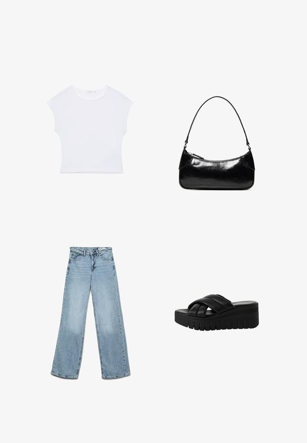 Hvid kortærmet cropped T-shirt med rund halsudskæring, lavet af glat stof, lagt fladt på en hvid baggrund.; Lyseblå højtaljede jeans med vide ben, knap- og lynlås-lukning, for- og baglommer samt bæltestropper.; Sorte platform sandaler med krydset remme lavet af glat læder, der har en tykkere struktureret sål og en let afrundet tå.; Sort, blank skuldertaske i læder med et enkelt rum med lynlås og en tynd rem buet i en bueform.