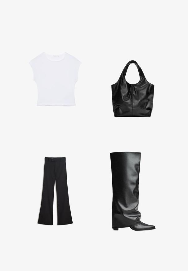 Weißes kurzärmeliges, bauchfreies T-Shirt mit rundem Ausschnitt aus glattem Stoff, flach auf einem weißen Hintergrund liegend.; Schwarze High-Waist-Hose mit weitem Bein, doppeltem Knopfverschluss am Bund und vorderlichem Reißverschluss, flach auf weißem Hintergrund präsentiert.; Schwarze kniehohe Stiefel aus Leder mit glatter Textur und lässigem Design. Verfügen über eine spitze Zehenpartie und flachen Absatz für Stabilität.; Schwarze Leder-Tote mit glatter Textur, weichem, abgerundetem Oberteil und breiten Tragegriffen. Merkmale minimale Nähte und eine lässige Silhouette.