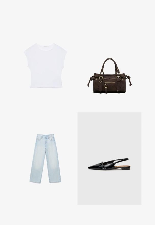 Hvid kortærmet cropped T-shirt med rund halsudskæring, lavet af glat stof, lagt fladt på en hvid baggrund.; Lyseblå jeans med vide ben, knappelukning og lynlås, for- og baglommer samt subtil falming på lår og knæ.; Sorte patenterede læderslipsko med spids tå, minimalistisk design, lille hæl og sølvfarvet spænde på remmen.; Mørkebrun læderhåndtaske med dobbelte håndtag, forreste lynlåslomme, dekorative spænder og sideknuder på hvid baggrund.