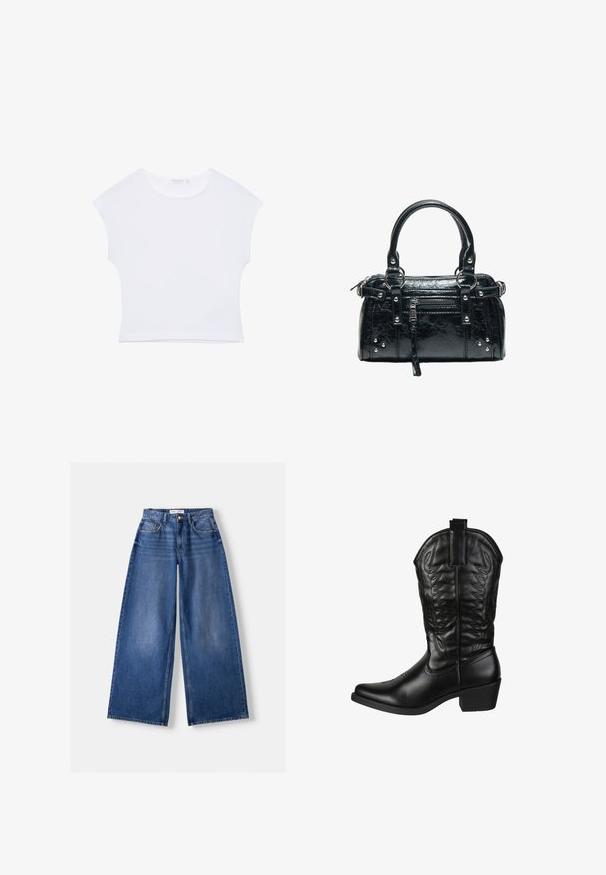 Hvid kortærmet cropped T-shirt med rund halsudskæring, lavet af glat stof, lagt fladt på en hvid baggrund.; Bredbenet blå denimjeans med forlommer, bæltestropper og knaplukning, lagt fladt på en lys baggrund.; Elara Cowboy- / bikerstøvler - schwarz; Sort læderhåndtaske med to håndtag, lomme foran med lynlås, sølvstifter og tekstureret overflade isoleret på hvid baggrund.