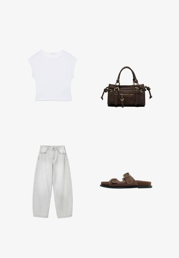 T-shirt court blanc à manches courtes avec col rond, en tissu lisse, posé à plat sur un fond blanc.; Jeans à large jambe de couleur gris clair en denim, avec des poches avant, une taille à bouton et une finition légèrement délavée.; Sandale mule en daim marron avec deux brides réglables à boucle et une semelle plate noire, vue de côté sur fond blanc.; Sac à main en cuir marron foncé avec double poignée, poche avant zippée, boucles décoratives et nœuds latéraux sur fond blanc.
