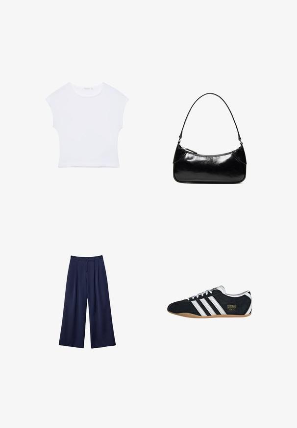 T-shirt court blanc à manches courtes avec col rond, en tissu lisse, posé à plat sur un fond blanc.; Pantalons larges bleu marine avec des plis, taille à boutons et passants de ceinture, présentés à plat sur un fond blanc.; Sneakers en suede noir avec trois bandes blanches, logo doré et semelle en caoutchouc marron. Présente un design à lacets à profil bas.; Sac à épaule en cuir noir brillant avec un seul compartiment zippé et une fine bandoulière arquée.