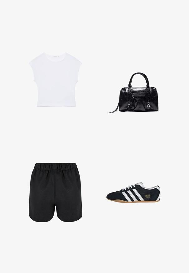 T-shirt court blanc à manches courtes avec col rond, en tissu lisse, posé à plat sur un fond blanc.; Shorts noirs avec une taille élastique. Tissu doux, design simple et ourlet légèrement arrondi en bas. Pas de motifs ou de logos visibles.; Sneakers en suede noir avec trois bandes blanches, logo doré et semelle en caoutchouc marron. Présente un design à lacets à profil bas.; Sac à main en cuir noir brillant avec deux poignées, poche zippée à l'avant, détails avec boucle et bandoulière pour poignet sur fond blanc.