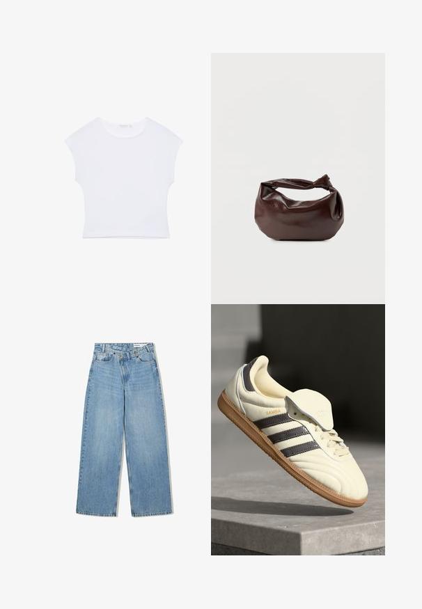 T-shirt court blanc à manches courtes avec col rond, en tissu lisse, posé à plat sur un fond blanc.; Jean en denim bleu clair à jambes larges avec fermeture à double bouton et poches avant, présenté à plat sur fond blanc.; Baskets en cuir crème avec trois bandes sombres, une semelle extérieure en gomme marron et un bout arrondi. Présentent une languette pliable étiquetée "SAMBA."; Sac bandoulière en cuir marron foncé avec une forme souple et décontractée et une anse nouée torsadée sur un fond blanc uni.