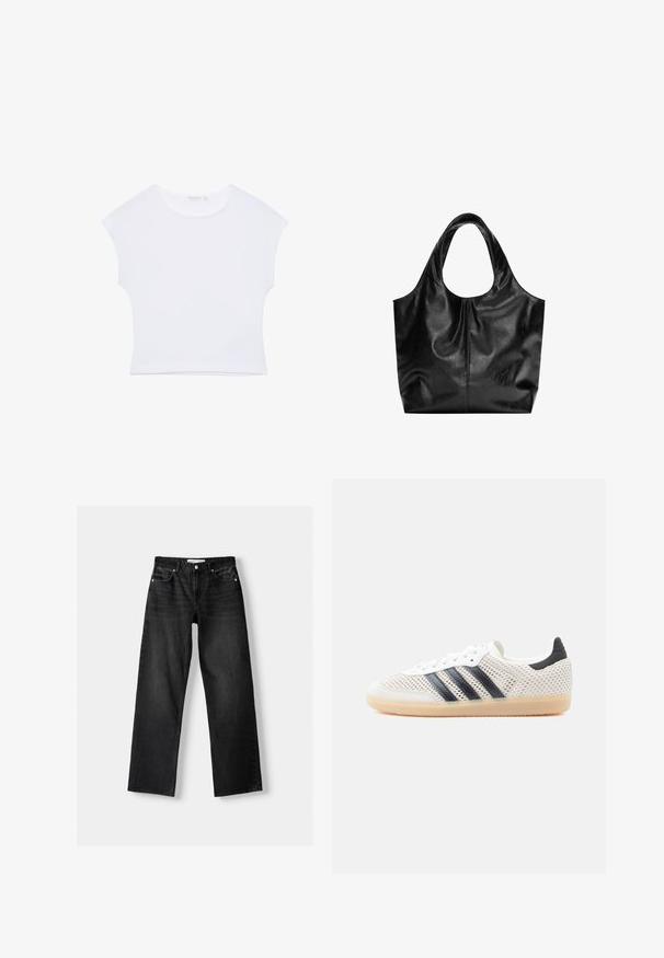 Witte cropped T-shirt met korte mouwen en een ronde hals, gemaakt van gladde stof, plat neergelegd op een witte achtergrond.; Bershka Straight leg jeans - mottled dark grey; Witte sneakers van mesh met een zwart ontwerp van drie strepen, een ronde neus en een rubberen gumzool. Voorzien van een zachte hielkraag en een vetersluiting.; Zwarte leren tote bag met een gladde textuur, een zachte ronde bovenkant en brede handvatten. Kenmerkt zich door minimale stiksels en een slungelige silhouet.