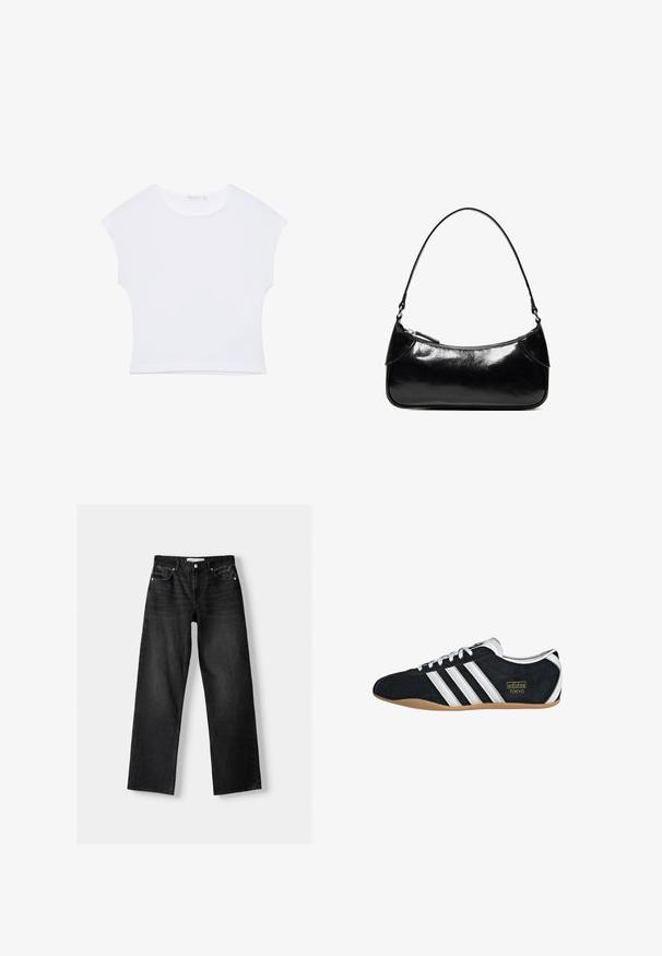 Weißes kurzärmeliges, bauchfreies T-Shirt mit rundem Ausschnitt aus glattem Stoff, flach auf einem weißen Hintergrund liegend.; Bershka Jeans Straight Leg - mottled dark grey; Schwarze Wildledersneaker mit drei weißen Streifen, goldenem Logo und brauner Gummisohle. Merkmale ein niedrigprofiliertes Schnürdesign.; Schwarze, glänzende Lederschultertasche mit einem einzelnen Reißverschlussfach und einem dünnen, bogenförmig gebogenen Träger.