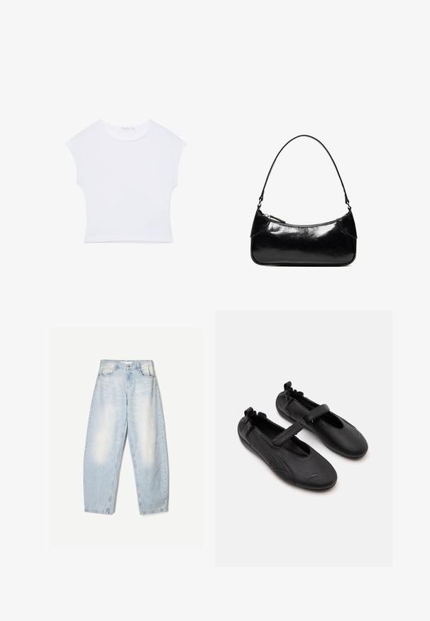 Witte cropped T-shirt met korte mouwen en een ronde hals, gemaakt van gladde stof, plat neergelegd op een witte achtergrond.; Lichtblauwe denim jeans met een losse pasvorm, voorzien van een vervaagde afwerking, twee voorzakken en een knoopsluiting bij de taille.; Paar zwarte leren Mary Jane schoenen met elastische achterkant en klittenbandsluiting, met een subtiel Puma-logo op elke teen.; Zwarte glanzende leren schoudertas met één ritssluitingvak en een dunne band die in een boogvorm is gebogen.