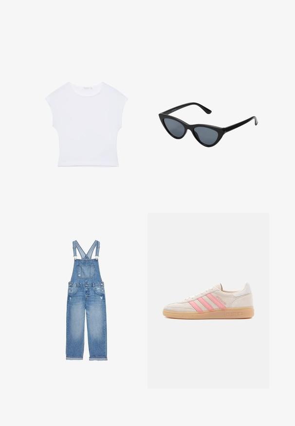 T-shirt court blanc à manches courtes avec col rond, en tissu lisse, posé à plat sur un fond blanc.; Salopette en jean bleu clair avec bretelles ajustables, poche avant et détails usés sur les jambes. Coupe pattes larges avec ourlet brut.; Baskets en daim beige avec trois bandes roses sur le côté. Dotées d'une semelle en caoutchouc texturée et d'un accent de talon blanc. Design minimaliste.; Lunettes de soleil noires en forme d'œil de chat avec des verres gris foncé, monture en plastique élégante, coins pointus et branches droites. Pas de métal visible ni d'accents.