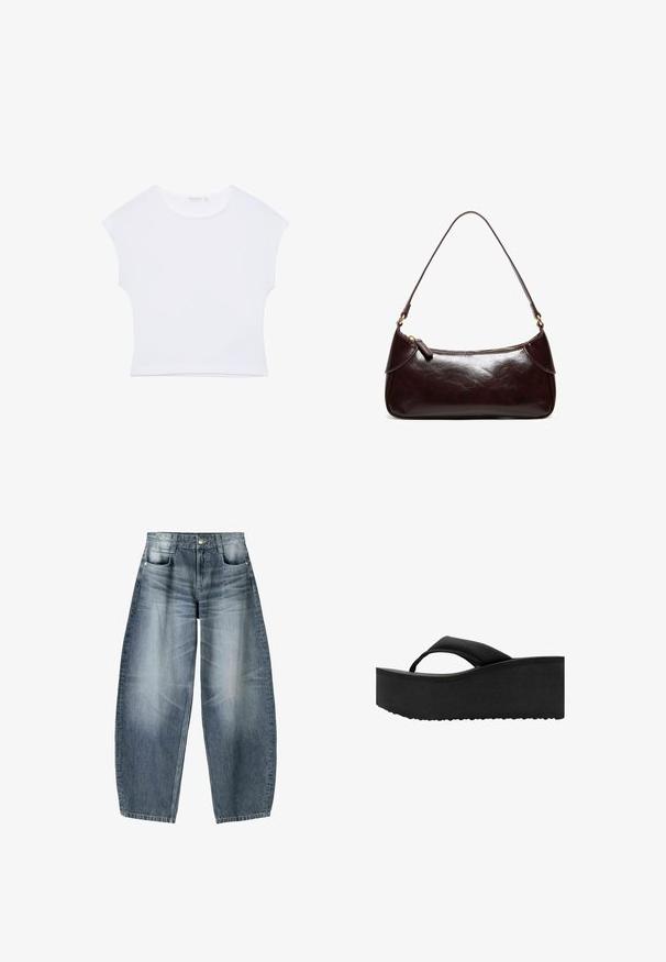 T-shirt court blanc à manches courtes avec col rond, en tissu lisse, posé à plat sur un fond blanc.; Jean en denim bleu délavé à coupe ample avec cinq poches et fermeture par bouton, montrant des plis naturels et des détails usés.; Tongs noires à semelle plate épaisse et rembourrée avec une large bride sur les orteils, vues de côté sur fond blanc.; Sac à bandoulière en cuir marron foncé avec une seule sangle et une fermeture éclair, forme rectangulaire avec des bords arrondis sur fond blanc.