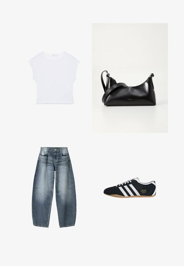 T-shirt court blanc à manches courtes avec col rond, en tissu lisse, posé à plat sur un fond blanc.; Jean large en denim bleu clair avec décoloration, présentant un design à cinq poches, un bouton de fermeture et des détails de couture minimaux.; Sneakers en suede noir avec trois bandes blanches, logo doré et semelle en caoutchouc marron. Présente un design à lacets à profil bas.; Sac à main en cuir noir avec une texture lisse. Dispose d'une bandoulière adjustable et d'un design élégant et minimaliste avec une fermeture éclair.