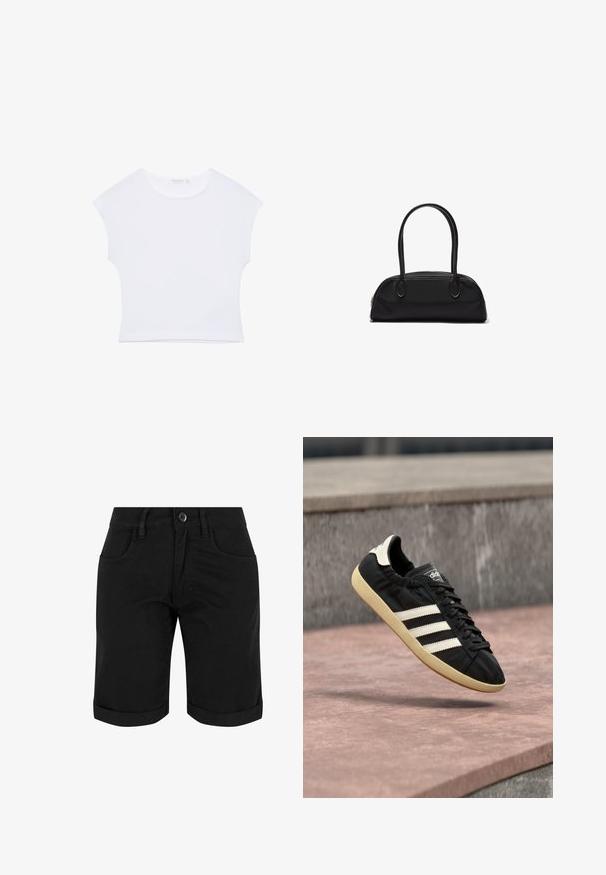 Hvid kortærmet cropped T-shirt med rund halsudskæring, lavet af glat stof, lagt fladt på en hvid baggrund.; Sorte bomuldsshorts med knaplukning, der har opsmøg, to frontlommer og en glat tekstur.; Sort Adidas sneaker med hvide striber og beige sål, fanget i luften over en stenet overflade og baggrund af en stenmur.; Sort læderhåndtaske med lange, runde håndtag og en buet, rektangulær form, der har en lynlåslukning øverst.