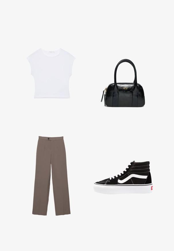 Hvid kortærmet cropped T-shirt med rund halsudskæring, lavet af glat stof, lagt fladt på en hvid baggrund.; Brune brede bukser med en glat tekstur, der har frontfoldninger, en knaplukning og et skræddersyet design.; Sorte høj-top sneakers med hvide snørebånd, et hvidt logo og kontrasterende hvid syning. Har en tyk hvid sål og struktureret ruskindsoverdel.; Sort laklæderhåndtaske med dobbelte håndtag, guldbelagt lynlås og gyldent "N°21"-logo midt foran.