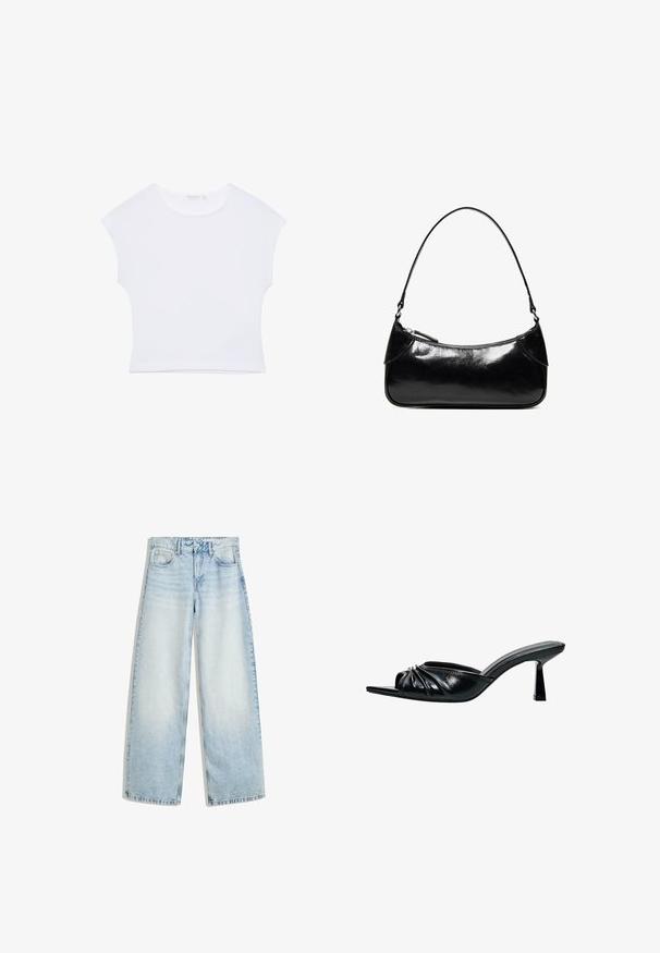 Hvid kortærmet cropped T-shirt med rund halsudskæring, lavet af glat stof, lagt fladt på en hvid baggrund.; Lyseblå denim bukser med vid ben, høj talje, fem lommer, knaplukning og en falmet finish. Har lige, løse ben.; Sorte mules med åbne tæer og glansfuld finish, med en rynket overdelsdesign, en slank hæl og en glat sål.; Sort, blank skuldertaske i læder med et enkelt rum med lynlås og en tynd rem buet i en bueform.