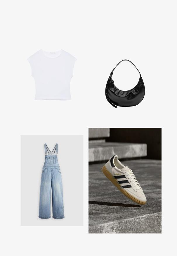 Hvid kortærmet cropped T-shirt med rund halsudskæring, lavet af glat stof, lagt fladt på en hvid baggrund.; Lyseblå denim overalls med brede ben, justerbare skulderstropper, frontlomme og metalbuttons på siderne. Klassisk stil med en afslappet pasform.; Hvid Adidas Spezial sneaker med sorte striber og gummisål, svævende over grå stentrin udendørs.; Sort halvmåneformet læderhåndtaske med kort rem og lynlåslukning med læder trækflig på siden.