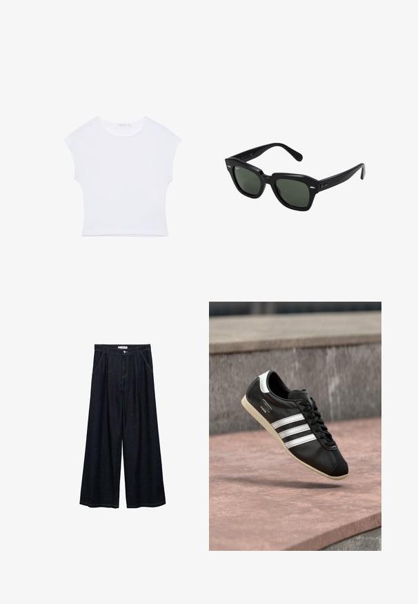 Weißes kurzärmeliges, bauchfreies T-Shirt mit rundem Ausschnitt aus glattem Stoff, flach auf einem weißen Hintergrund liegend.; Dunkelblaue, weite High-Waist-Hosen aus Denim mit einem Knopfverschluss vorne, zwei Seitentaschen und Nähdetails.; Schwarzer Ledersneaker mit weißen Streifen und Sohle, geschnürt, schwebt über einer rosa gefärbten Betontfläche vor einer grauen Steinmauer im Hintergrund.; Schwarze quadratische Sonnenbrillen mit dunkelgrünen Gläsern, ausgestattet mit markanten Rahmen und silbernen Akzenten an den Seiten. Hergestellt in Italien.