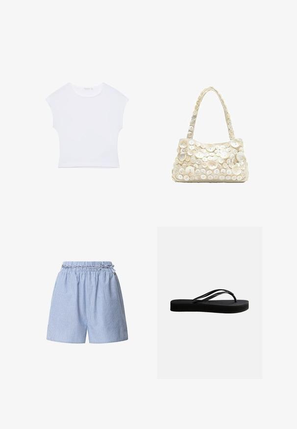 Weißes kurzärmeliges, bauchfreies T-Shirt mit rundem Ausschnitt aus glattem Stoff, flach auf einem weißen Hintergrund liegend.; Gestreifte blaue Shorts mit einem elastischen Taillenbund und geflochtenem Kordelzug. Verfügt über vertikale weiße Streifen und ein entspanntes Design.; Schwarze Gummiflips mit strukturierter Sohle und Y-förmigem Riemen, seitliche Ansicht vor schlichtem hellem Hintergrund.; Kleine cremefarbene Handtasche mit über 50 weißen Knöpfen verschiedener Größen, die Vorderseite und Griff auf einem schlichten weißen Hintergrund bedecken.