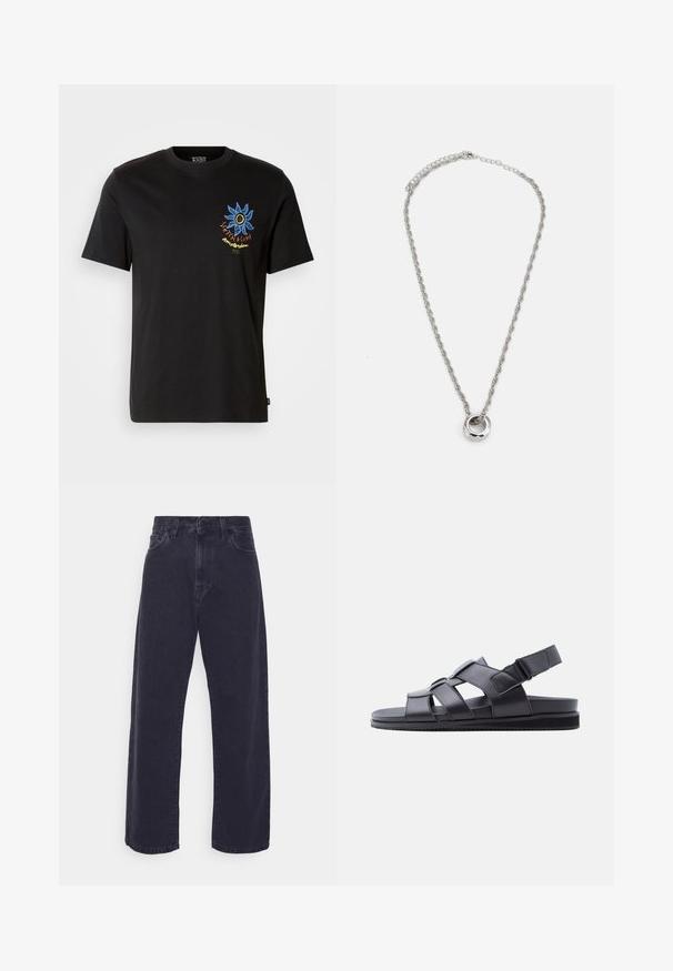 Sort bomulds-T-shirt med korte ærmer, der har et farverigt blomstermotiv på venstre bryst. Rund halsudskæring med almindelig pasform.; Mørk vaske denim jeans med en bred ben silhuet, høj talje og fem-lomme design. Har en klassisk knap- og lynlåslukning.; Sort lædersandal med flad sål, justerbare remme hen over foden og rundt om hælen samt lukket tåområde.; Sølvfarvet metalhalskæde med et snoet kædedesign og en cirkulær vedhæng med en poleret overflade.