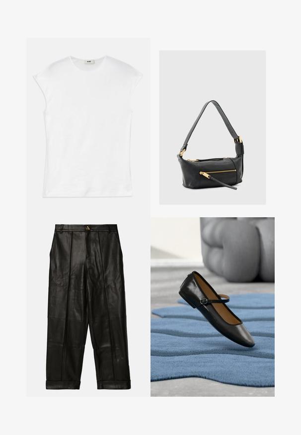 Hvid kortærmet t-shirt lavet af bomuld. Har en rund halsudskæring og en glat, blød tekstur med en afslappet pasform. Ingen mønstre eller accenter.; AERON ZIMA PANTS - Skindbukser - black; Sort læder Mary Jane-sko med spænde, vist på et struktureret blåt tæppe, med en sløret grå tuftet sofa i baggrunden.; Sort skuldertaske i læder med to lommer med lynlås, gyldne hardware-detaljer og en bred, justerbar rem. Glat tekstur og rektangulær form.