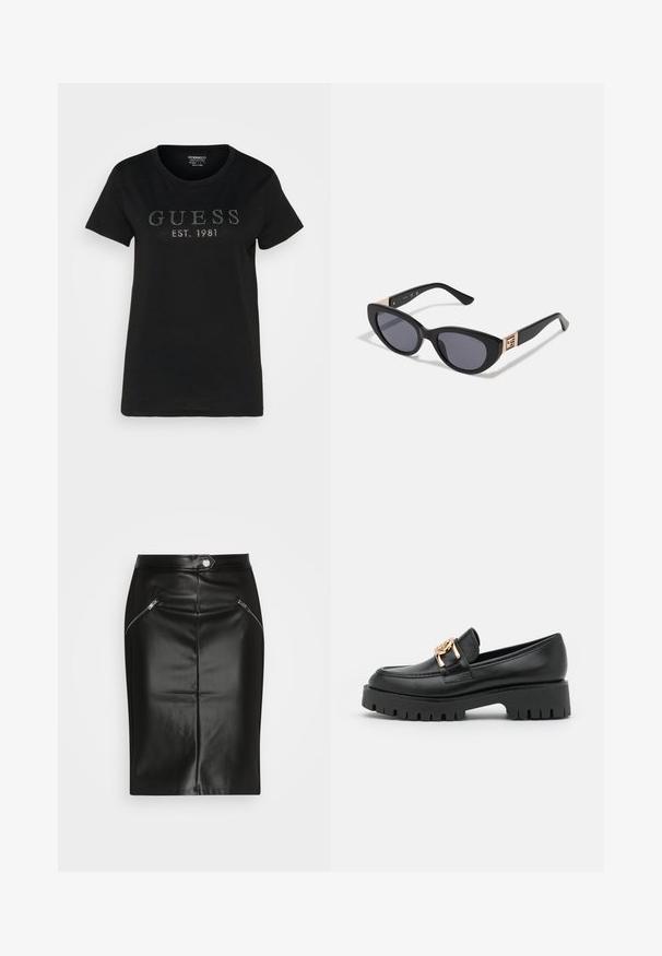 Sort bomulds T-shirt med korte ærmer, rund hals og et frontdesign med "GUESS" og "EST. 1981" i naglede accenter.; Sort læder blyantsskirt med en glat tekstur, der har to lynlåslommer foran og en tætsiddende silhuet.; Sorte læder loafers med en kraftig sål og guldhardware; har rund tå og syede detaljer langs overdelen.; Guess Solbriller - shiny black