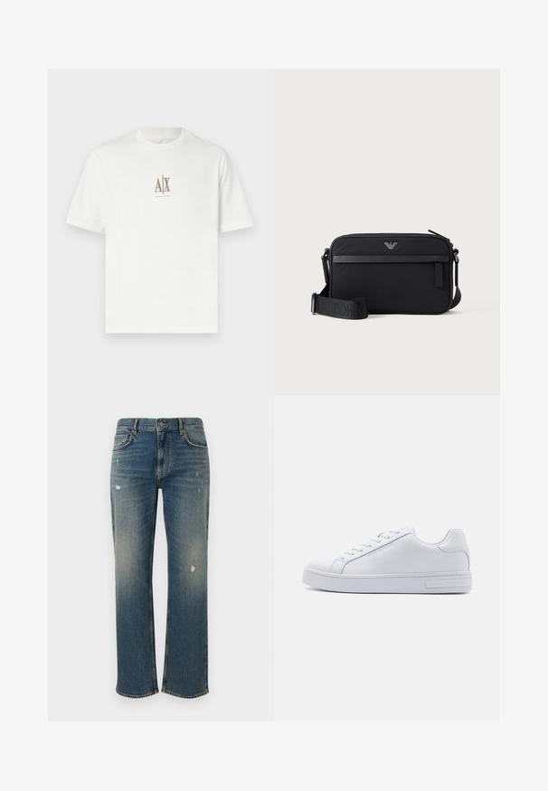 Weißes Baumwoll-T-Shirt mit Rundhalsausschnitt. Mit einem kleinen beigen Logo "A|X" und "ARMANI EXCHANGE" darunter. Kurze Ärmel, normale Passform.; Dunkelblaue Denim-Jeans mit geradem Schnitt, die leichte Auswaschungen und abgenutzte Stellen aufweisen. Klassisches Fünf-Taschen-Design und Knopfverschluss.; Weiße Ledersneaker mit glatter Textur, runder Zehenform, Schnürung vorne und flacher Gummisohle. Mit eingeprägtem Branding an der Ferse.; Schwarze rechteckige Umhängetasche mit vorderer Reißverschlusstasche, verstellbarem Schultergurt und kleinem Metalllogo oben in der Mitte.