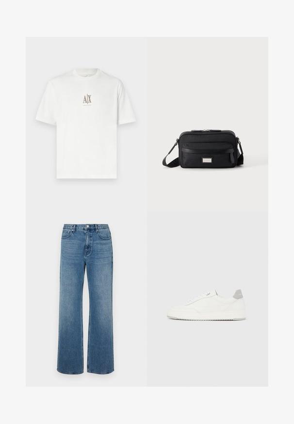 Witte katoenen t-shirt met een ronde hals. Heeft een klein beige logo "A|X" en "ARMANI EXCHANGE" gedrukt eronder. Korte mouwen, normale pasvorm.; Brede blauwe jeans van denim met een verouderde afwerking. Heeft vijf zakken, een sluiting met vooraan knoop en een rechte snit.; Witte lage sneaker met grijze hielpatch, witte veters en een gestructureerde zool, gepresenteerd op een effen lichte achtergrond.; Zwarte rechthoekige crossbodytas met voorvak met ritssluiting, verstelbare schouderband en zilveren rechthoekige logo-plaat op effen achtergrond.