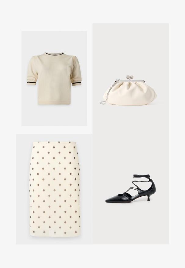 Top de color crema con mangas cortas abullonadas y ribete negro en el escote y los puños de las mangas sobre un fondo blanco.; Falda lápiz de color crema con lunares negros espaciados uniformemente y corte recto hasta la rodilla.; Zapato negro de tacón bajo tipo kitten con puntera puntiaguda, tiras alrededor del tobillo y detalles de recortes a los lados, mostrado sobre un fondo claro y liso.; Bolso de mano de tela color crema con diseño fruncido, marco metálico plateado, dos bolas decorativas y correa de cadena plateada.