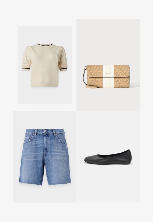 Cremefarbenes Kurzarm-Top mit Puffärmeln und schwarzem Besatz am Ausschnitt und an den Ärmelbündchen auf weißem Hintergrund.; Hellblaue Denim-Shorts mit geradem Schnitt, ausgefranstem Saum, fünf Taschen und metallischem Knopfverschluss. Der Stoff hat eine glatte Textur mit leichtem Verblassen.; Schwarze Leder-Ballettschuhe mit abgerundeter Spitze, glatter Textur, minimalen Nähdetails und einem flexiblen Sohlen-Design.; Beige Michael Kors Clutch mit braunem Logo-Muster, zentralem weißen Streifen, goldener Logoplakette und abnehmbarem Handgelenksriemen auf weißem Hintergrund.