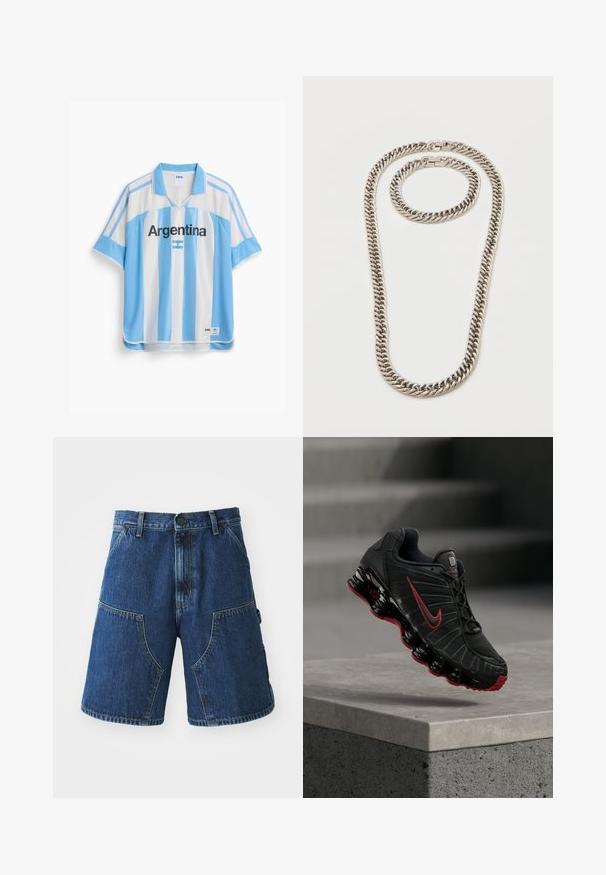 Maillot de football rayé blanc et bleu clair de l'Argentine avec le texte "Argentina" et un petit drapeau argentin en dessous, manches courtes et étiquette FIFA en bas.; Shorts en denim avec un lavage bleu foncé, dotés de grandes poches frontales, d'une fermeture à bouton et de coutures visibles le long des coutures.; Chaussure de sport Nike noire et rouge avec une semelle visible en forme de ressort, en équilibre sur le bord d’une marche en béton.; Collier chaîne épaisse de couleur argentée et bracelet assorti avec maillons entrelacés et fermoirs à boîte sur fond blanc.