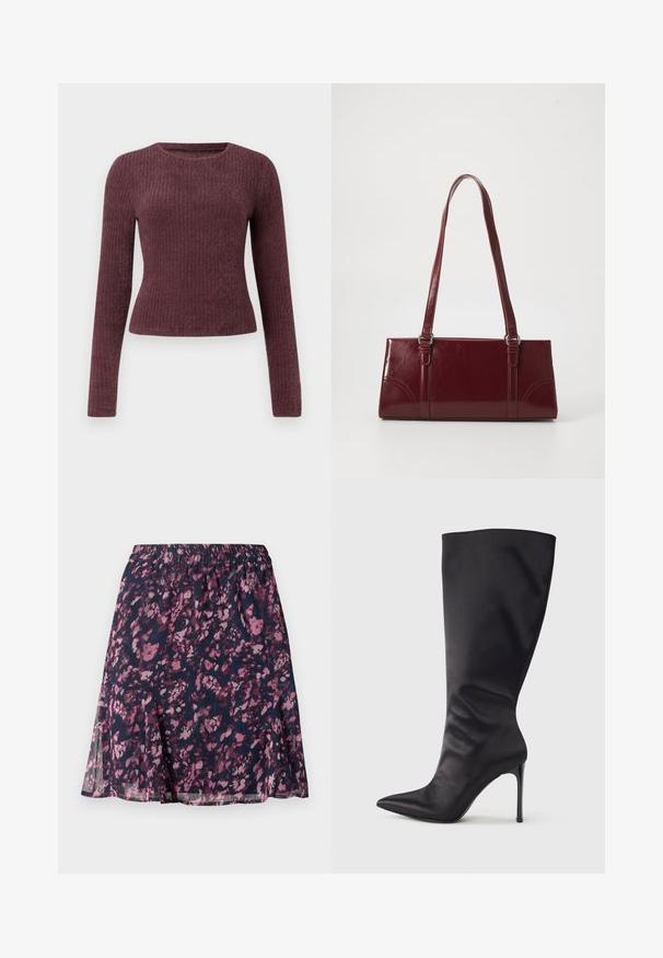 Top de manga larga, de canalé en burdeos oscuro. Presenta un escote redondo y una silueta ajustada. Fabricado en un tejido suave y texturizado.; Falda marina con cintura elástica, que presenta un patrón abstracto de flores en tonos rosa y púrpura, y un dobladillo ligeramente acampanado.; Bota negra hasta la rodilla con tacón de aguja, hecha de material liso y elegante; punta puntiaguda; ajuste ceñido con un sutil fruncido cerca del tobillo; tacón brillante.; Bolso burdeos hecho de material brillante, de forma rectangular, con dos asas para el hombro y sutiles acentos curvados en la parte frontal.