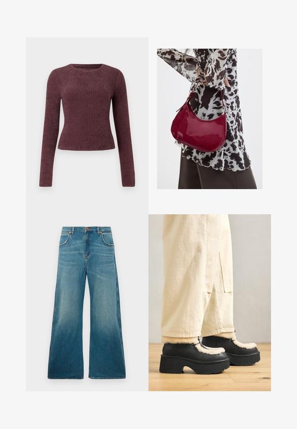 Langærmet, ribbet top i dyb burgunder. Har en rund halsudskæring og tætsiddende silhuet. Fremstillet af blødt, tekstureret stof.; Højtaljede blå denimjeans med brede ben, frontlommer, knaplukning og en falmet farvegradient fra talje til kant.; Sorte platformstøvler med en rund tå, der har en fluffy cremefarvet krave og snøre detaljer, parret med løse beige bukser på et trægulv.; Kvinde iført en sort- og hvidmønstret bluse, der holder en blank rød skuldertaske mod en ensfarvet baggrund.