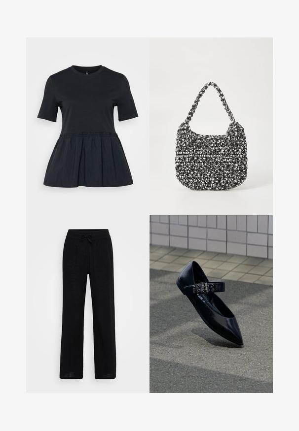 T-shirt noir à manches courtes, décolleté rond, avec une taille froncée et resserrée menant à un ourlet évasé de type peplum. Tissu au toucher doux.; Pantalons larges en lin noir avec une taille élastique et un cordon de serrage. Texture lisse, tissu respirant et design à longueur complète.; Chaussure plate noire pointue avec une large bride ornée de doubles boucles argentées et œillets, positionnée debout sur l'asphalte près d'un mur carrelé.; Sac en osier noir et blanc de forme arrondie, avec une surface texturée et une poignée tressée. Convient à un usage décontracté.