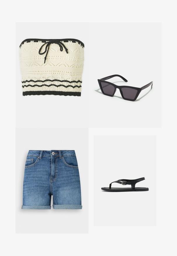 Pletený crop top v slonovinovej farbe s texturovaným vzorom, s čiernym elastickým pásom na vrchu a na spodku a s detailom viazania vpredu.; Modré rifľové šortky s vyhrnutými lemami, predným zapínaním na gombík a zips, pútkami na opasok, prednými a mincovnými vreckami.; Čierna plochá sandála s remienkom na členku, prstovým popruhom a striebornou prackou na hladkej podrážke, zobrazená z boku na bielom pozadí.; Čierne, ostré slnečné okuliare so sivými sklami; vyrobené z plastu, majú hrubé ramená s hladkým povrchom a bez viditeľnej mechaniky.