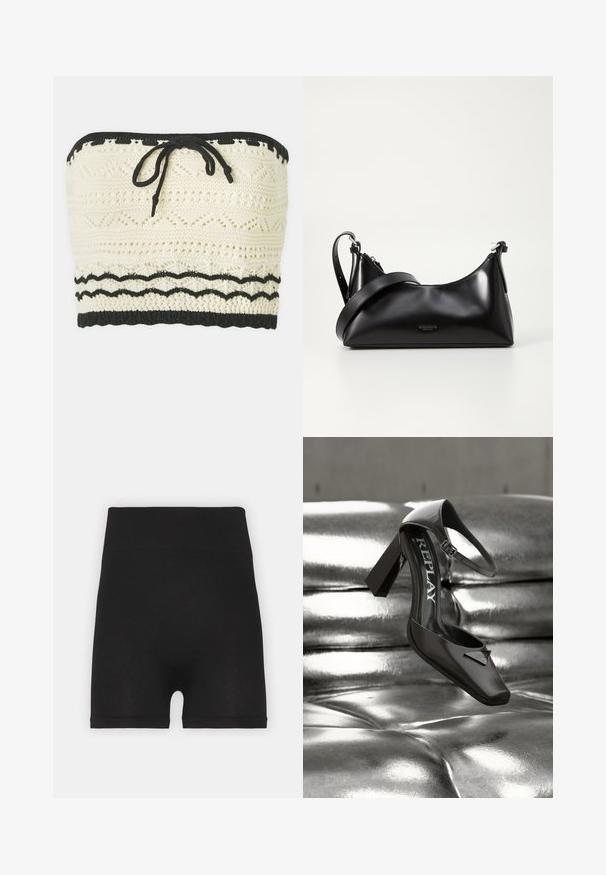 Gestricktes Crop-Top in Elfenbein mit einem strukturierten Muster, das oben und unten mit einem schwarzen elastischen Band versehen ist und über ein vorderes Bindedetail verfügt.; Schwarze, gerippte Biker-Shorts mit hohem Bund und weicher Textur, die ein glattes Finish und keine sichtbaren Nähte aufweisen.; Schwarzer High Heel aus Leder mit Knöchelriemen und "REPLAY"-Logo, präsentiert auf einer glänzenden, metallisch-silbernen, gesteppte Oberfläche.; Schwarze lederne Handtasche mit glatter Textur. Verfügt über einen verstellbaren Riemen und ein elegantes, minimalistisches Design mit einem Reißverschluss.