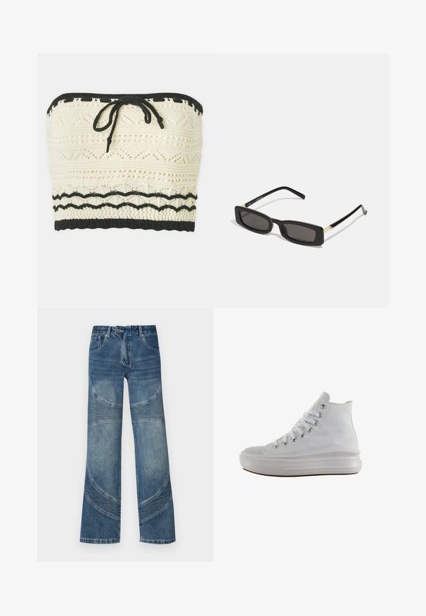 Crop top en tricot ivoire avec un motif texturé, doté d'une bande élastique noire en haut et en bas, et d'un détail de lien à l'avant.; Jean en denim bleu taille haute à jambes larges, avec des coutures courbées et des sections côtelées sur la partie inférieure. Style décontracté.; Baskets montantes en toile blanche avec lacets blancs, œillets métalliques, semelle épaisse en caoutchouc et bout texturé, orientées vers la gauche sur fond blanc.; Lunettes de soleil noires rectangulaires avec des verres sombres, monture en plastique brillant et accents dorés sur les branches. Design minimaliste et forme épurée.