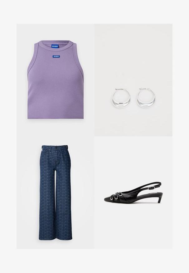 Débardeur sans manches en maille côtelée lilas avec encolure ronde et patch logo HUGO bleu centré sous le col.; Pantalons en denim à jambes larges arborant un motif répété du logo DKNY en bleu marine et bleu clair, avec des poches avant et une fermeture à bouton.; Chaussure slingback en cuir noir avec bout pointu, trois boucles argentées à l'avant et petit talon kitten sur fond blanc.; Boucles d'oreilles en argent avec une finition polie et un branding DKNY, présentées sur un fond blanc uni.
