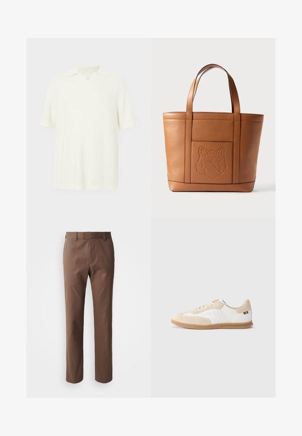 Korte mouwen polo-shirt, licht crèmekleurig, gemaakt van textuurstof, met een v-hals en een klassiek kraagontwerp.; Bruine broek met een op maat gemaakte pasvorm, vlakke voorkant en twee zijzakken. Gemaakt van een gladde stof met een nette afwerking en zonder zichtbare patronen.; Witte sneaker met lichtbeige suède accenten, geperforeerde details, platte veters en een zool van gumrubber. Voorzien van gestreepte branding op de hiel.; Bruine leren shoppers tas met een reliëf van een vos gezicht, rechthoekige vorm, dubbele platte handvatten en subtiele stiksel details.
