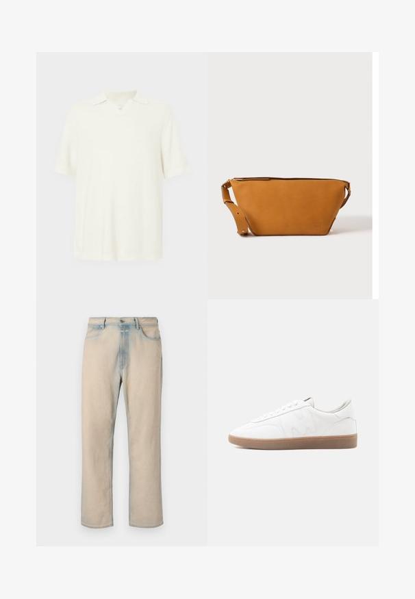 Kurzärmeliges Poloshirt in hellecreme Farbe, aus strukturiertem Stoff, mit V-Ausschnitt und klassischem Kragen.; Helle beige Jeans aus Denim mit geradem Bein, verblassten blauen Akzenten, fünf Taschen und einem Knopfverschluss an der Taille.; Weißer Sneaker in niedriger Ausführung mit Gummisohle, gesteppten Overlays und Schnürverschluss auf neutralem Hintergrund.; Hellbraune Leder-Umhängetasche mit verstellbarem Schulterriemen und Reißverschluss, vor einem schlichten hellen Hintergrund gezeigt.