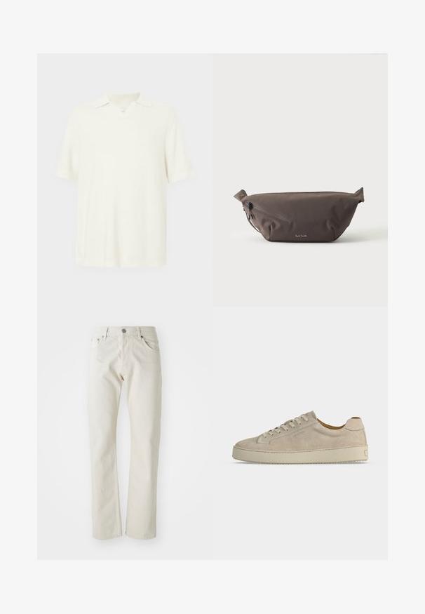Kurzärmeliges Poloshirt in hellecreme Farbe, aus strukturiertem Stoff, mit V-Ausschnitt und klassischem Kragen.; Helle beige Jeans aus Baumwolle mit geradem Bein, fünf Taschen und silbernem Metallknopfverschluss.; Beiger Wildleder-Low-Top-Sneaker mit Schnürverschluss und dicker Gummisohle, von der Seite auf weißem Hintergrund gezeigt.; Dunkelbraune Stoff-Gürteltasche mit diagonalem Reißverschlussfach und kleinem weißen Logo vorne, vor einem einfarbigen hellen Hintergrund.