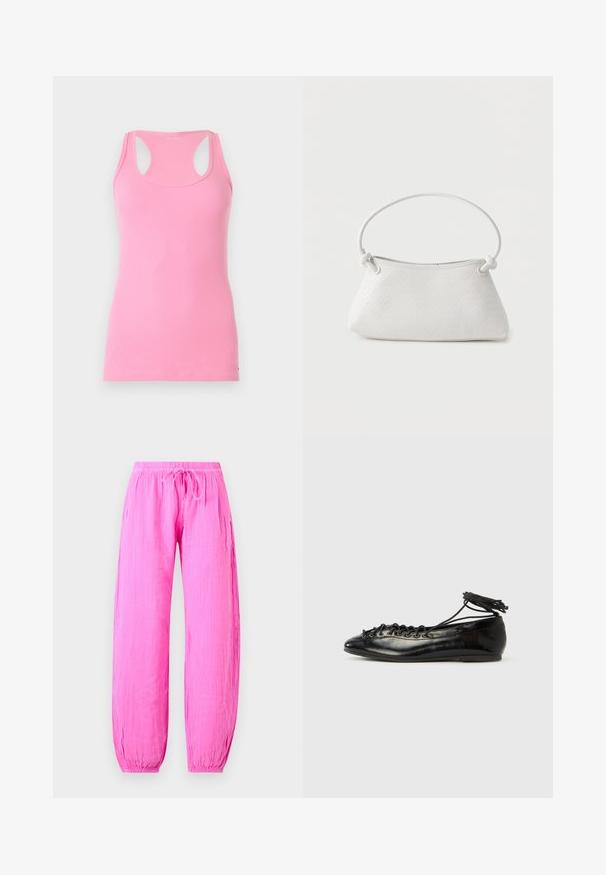Débardeur rose côtelé à dos nageur avec encolure arrondie, confectionné dans un tissu doux, présenté sur un fond clair uni.; Pantalon léger rose vif avec taille élastique et cordon, coupe ample et poignets élastiques aux chevilles.; Ballerines en cuir verni noir avec un bout rond, un design à lacets et une semelle plate. Texture lisse avec peu de détails.; Sac à main en cuir tressé blanc avec poignée arrondie et extrémités de lanière nouées, présenté sur un fond uni.