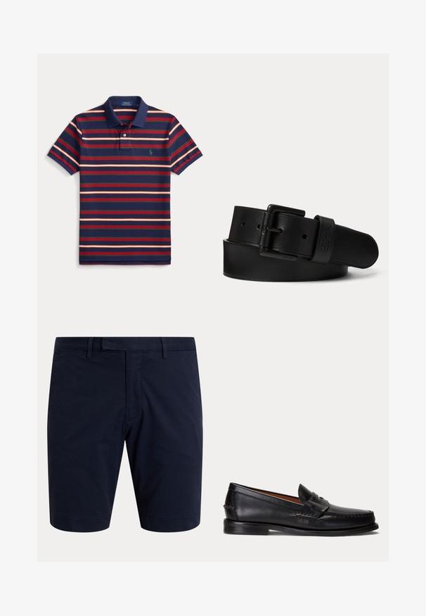 Polo bleu marine avec rayures horizontales rouges, vertes et orange, manches courtes, col boutonné et petit logo vert sur la poitrine.; Shorts bleu marine foncé longueur genou avec passants de ceinture, une fermeture éclair à l’avant, et des poches latérales sur un fond uni clair.; Mocassin en cuir noir avec un petit talon et une bride penny, vu de côté sur un fond gris clair.; Ceinture en cuir noir avec une boucle rectangulaire noire et un logo embossé sur la boucle, roulée sur un fond clair uni.
