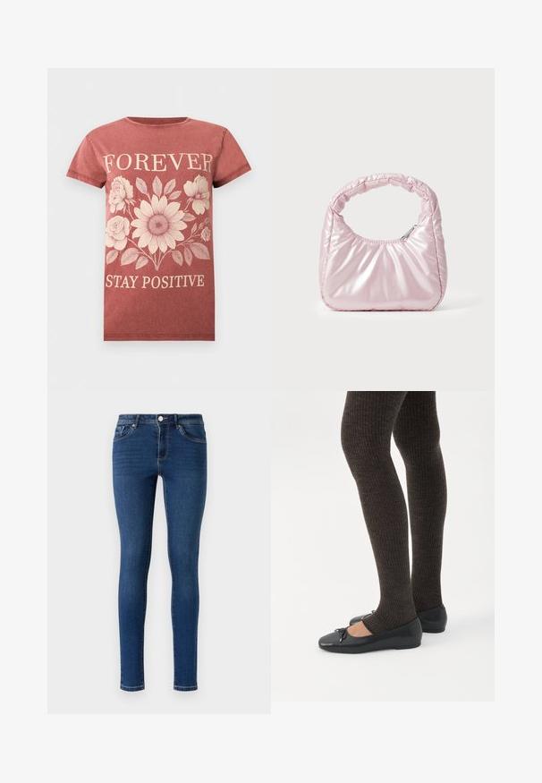 Roestkleurig T-shirt met korte mouwen en een beige bloemenontwerp, met de tekst "FOREVER" boven en "STAY POSITIVE" onder de bloemen.; Skinny denim jeans in donkerblauw. Beschikt over een klassieke vijf-pocketstijl, metalen knoopsluiting en subtiele stiksels langs de naden.; Benen met donkere geribbelde leggings gecombineerd met zwarte ballerina's met kleine strikdetails op een witte achtergrond.; Roze, gevoerde handtas met een afgeronde vorm, gemaakt van glanzend materiaal. Beschikt over een geplooide handgreep en een ritssluiting voor veilige toegang.