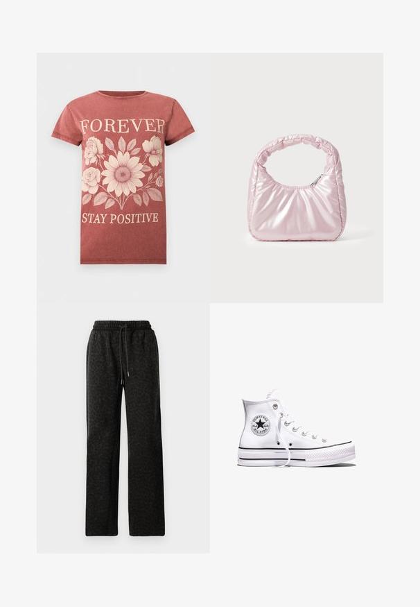 T-shirt à manches courtes couleur rouille avec un motif floral beige et le texte « FOREVER » au-dessus et « STAY POSITIVE » en dessous des fleurs.; Joggings noirs à imprimé léopard avec taille élastique et cordon de serrage. Tissu doux, design à jambes larges, texture subtile.; Baskets blanches montantes Converse Chuck Taylor All Star avec des rayures noires et un patch logo sur le côté, présentées sur un fond blanc uni.; Sac à main rose rembourré avec un design arrondi, fabriqué à partir d'un matériau brillant. Dispose d'une poignée froncée et d'une fermeture éclair pour un accès sécurisé.