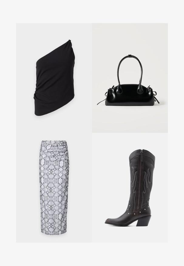 Sort one-shoulder top lavet af blød stof, med draperet detaljer på siden og en glat tekstur samt en asymmetrisk silhuet.; Python print midi nederdel i sort og hvid, med en tætsiddende silhuet og rynket tekstur langs siderne. Glat stoffinish.; Brune læder cowboystøvler med flammebroderi, sidelukning med lynlås, sølvnitter, spids snude og lagdelt hæl.; Lille sort blank håndtaske med to lange håndtag og snøre-detaljer i siden på en ensfarvet lys baggrund.